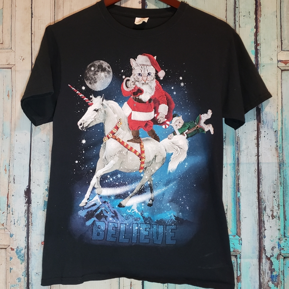 Santa Cat unicorn tshirt Xmas small